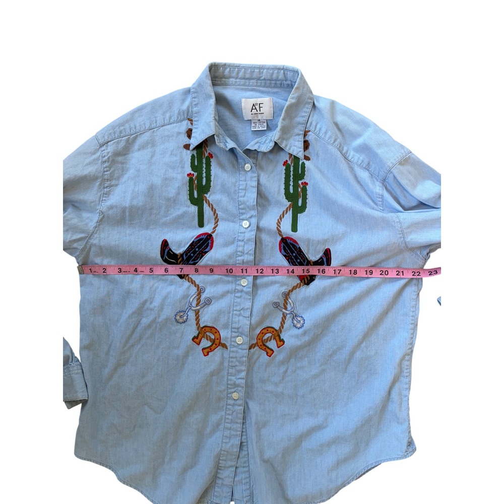 Vintage Western Denim Button Down Shirt Embroidered Cowboy Boots Cactus Sz 14 - Picture 8 of 8